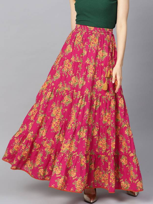 Women Floral Print Flared Pink Skirt